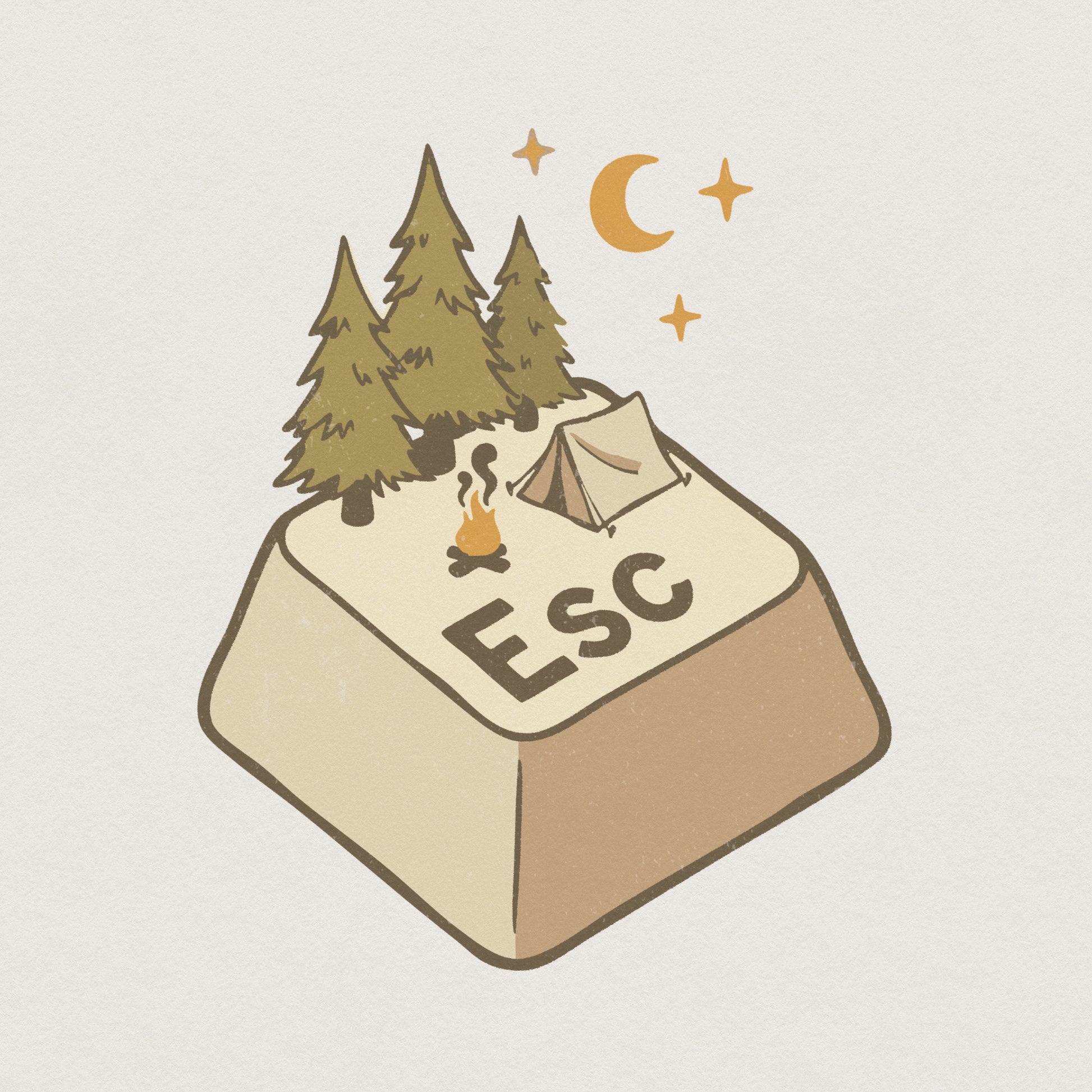Isometric Esc key design featuring a cozy campsite with a tent, campfire, and evergreen trees under a crescent moon for camping apparel or stickers.