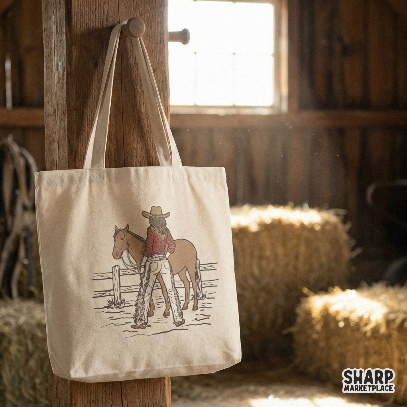 Detailed western ranch graphic showing a woman in a cowboy hat with her horse, ideal for creating custom stickers, tumblers, and rustic wall art prints.