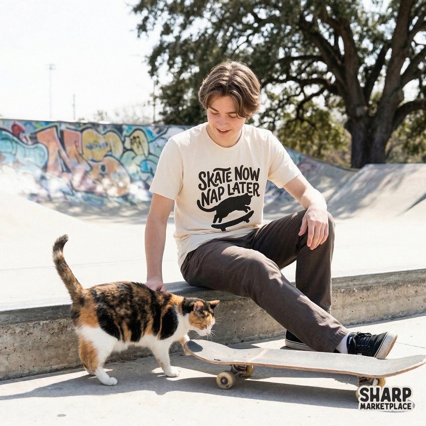 Funny cat lover digital design featuring a skateboarding feline silhouette and the quote Skate Now Nap Later, perfect for custom stickers and tumblers.