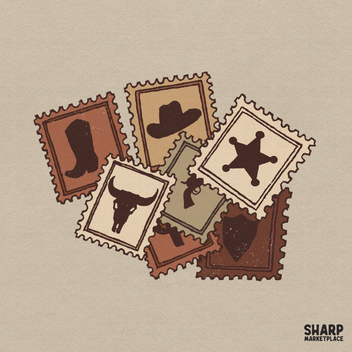 Western scattered postage stamps PNG graphic featuring cowboy boots and hats for retro rodeo t-shirts