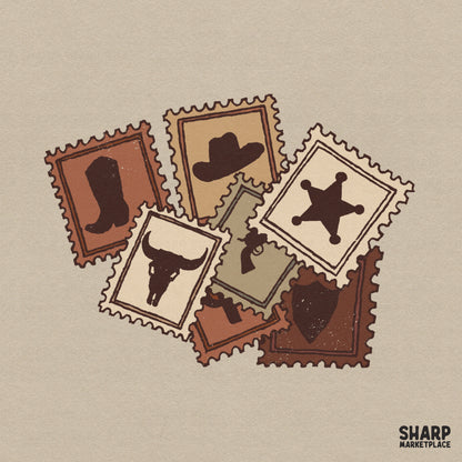 Western scattered postage stamps PNG graphic featuring cowboy boots and hats for retro rodeo t-shirts