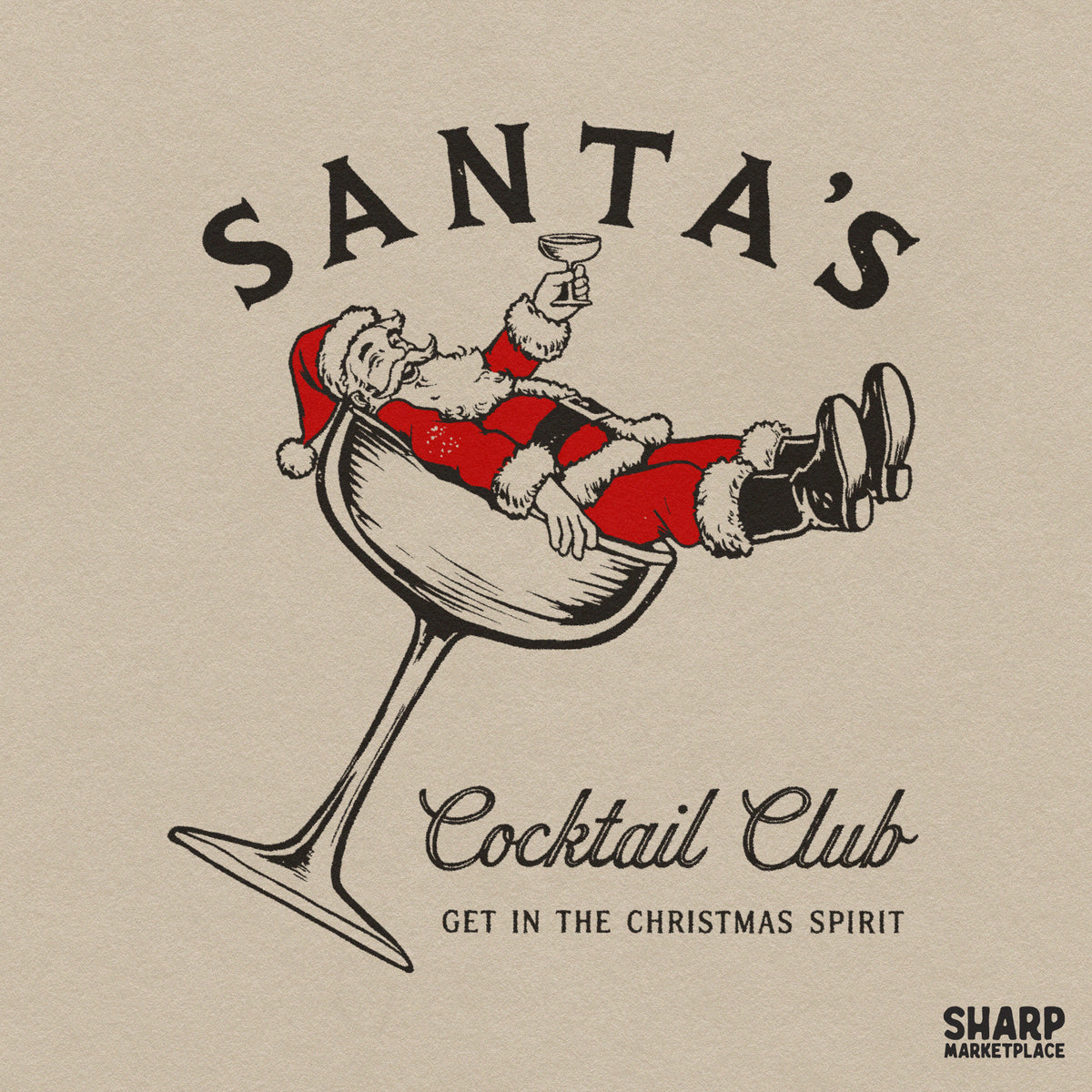 Vintage Santa in a cocktail glass PNG design for funny holiday party t-shirts and Christmas crafts