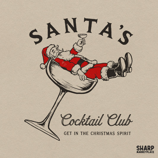 Vintage Santa in a cocktail glass PNG design for funny holiday party t-shirts and Christmas crafts