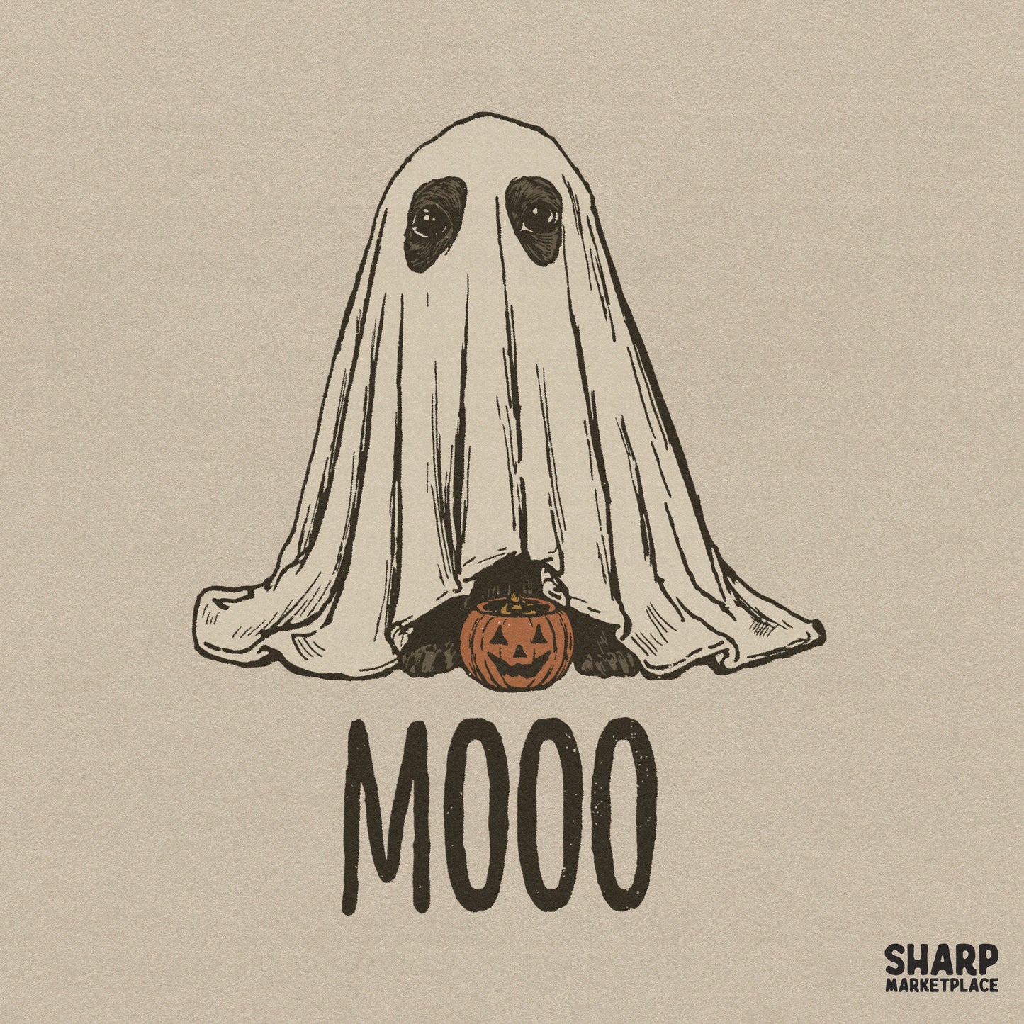 Cute mooo cow in ghost costume holding a pumpkin bucket retro Halloween png digital download for spooky season apparel designs