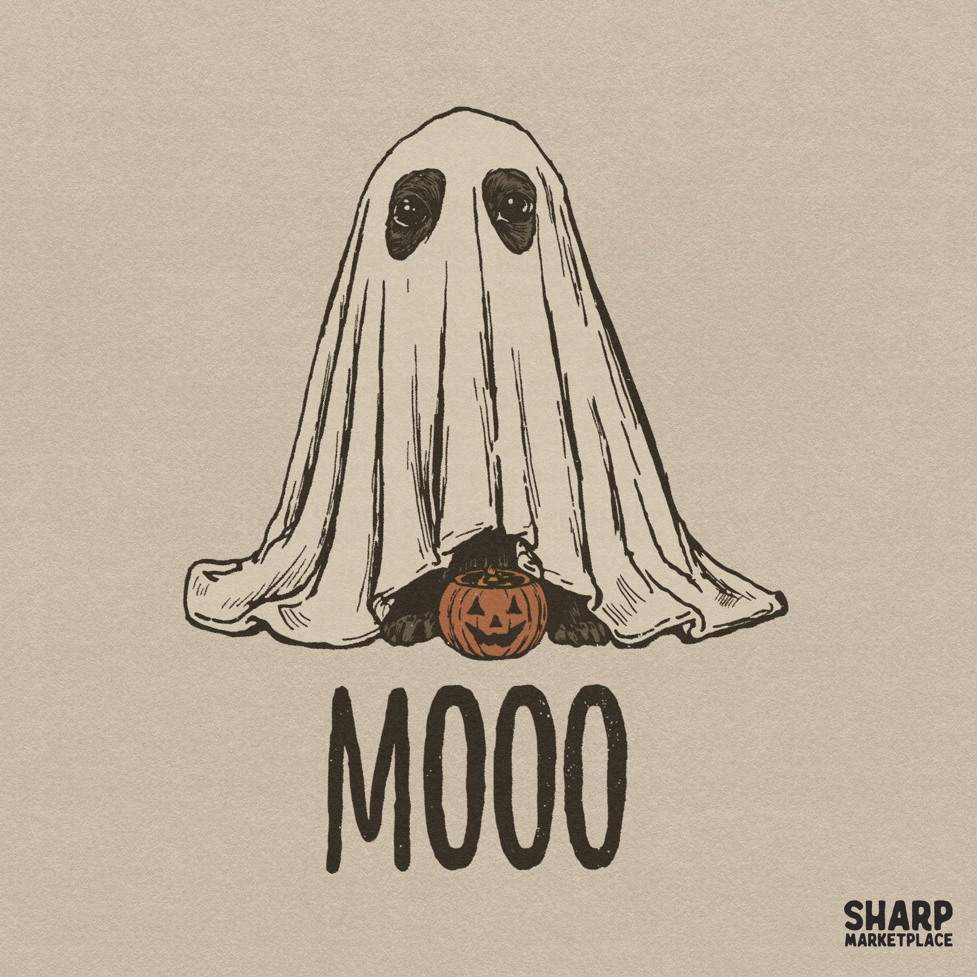 Cute mooo cow in ghost costume holding a pumpkin bucket retro Halloween png digital download for spooky season apparel designs