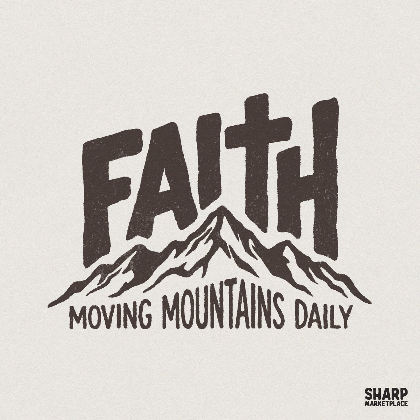 Distressed typography reading Faith with a cross integrated into the letter T, featuring a rugged mountain range graphic for Christian apparel.