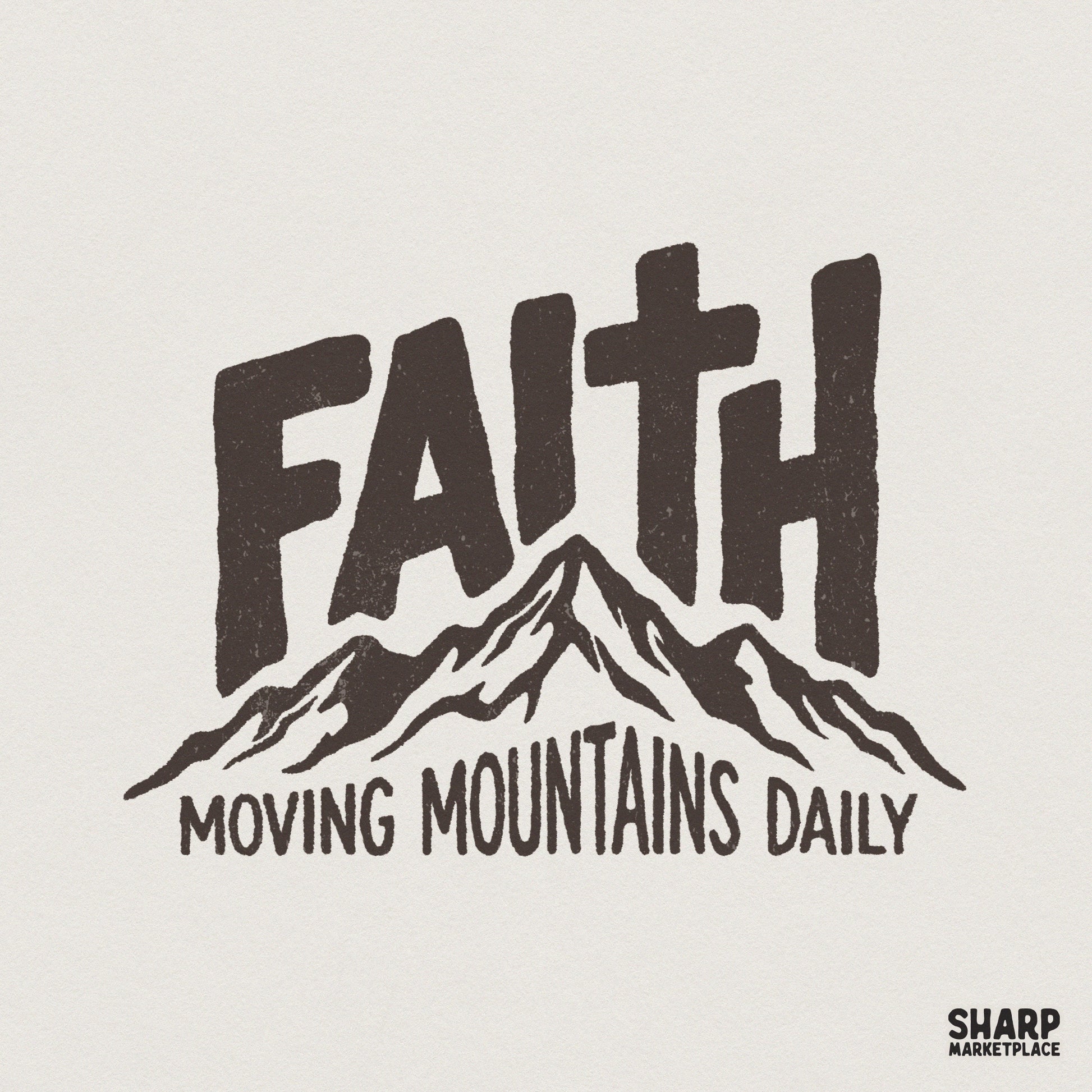 Distressed typography reading Faith with a cross integrated into the letter T, featuring a rugged mountain range graphic for Christian apparel.
