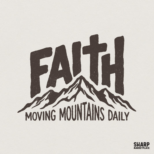 Distressed typography reading Faith with a cross integrated into the letter T, featuring a rugged mountain range graphic for Christian apparel.