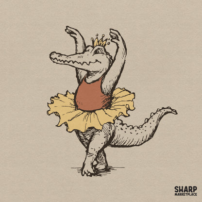 Whimsical dancing alligator in a ballet tutu and crown, retro png design for custom shirts
