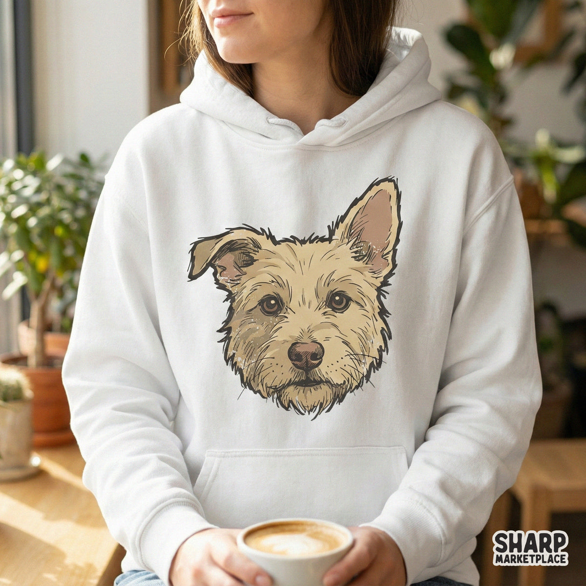 Detailed digital portrait of a scruffy terrier dog with a charming one-ear-up pose, ideal for creating personalized pet lover stickers or wall art.