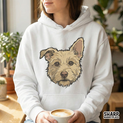Detailed digital portrait of a scruffy terrier dog with a charming one-ear-up pose, ideal for creating personalized pet lover stickers or wall art.