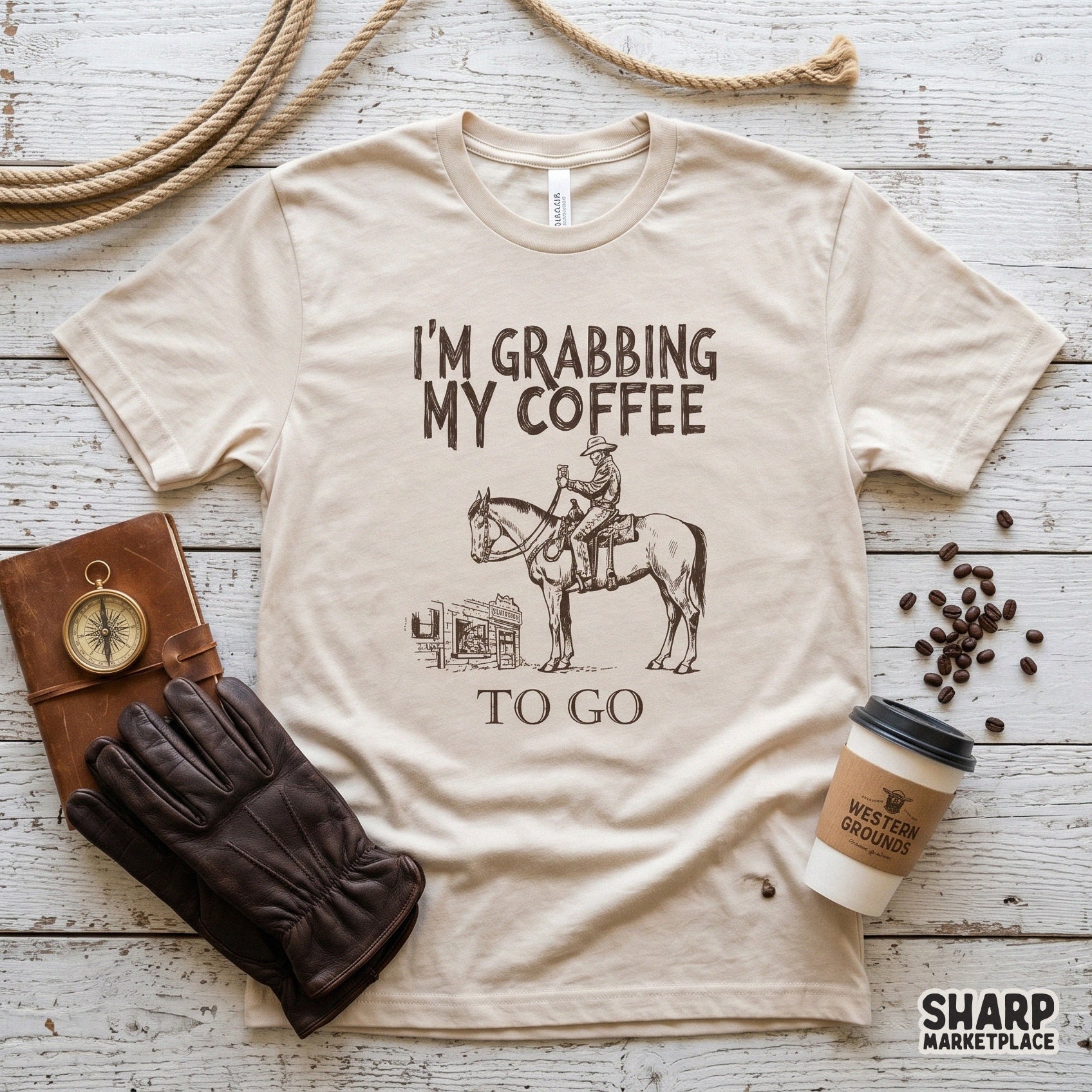 Distressed typography and detailed line art of a cowboy at a horse-friendly cafe, available as a transparent PNG for print-on-demand and craft projects.