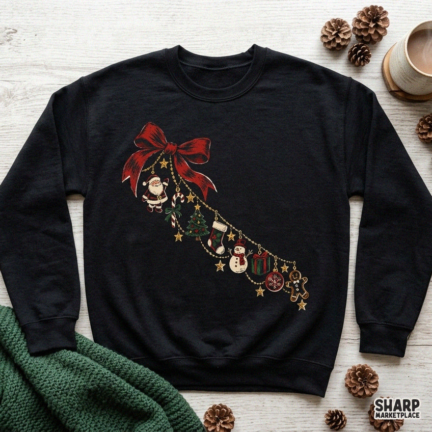 Red coquette bow illustration with dangling holiday charms, perfect festive PNG design for Christmas shirt heat transfers