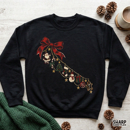 Red coquette bow illustration with dangling holiday charms, perfect festive PNG design for Christmas shirt heat transfers