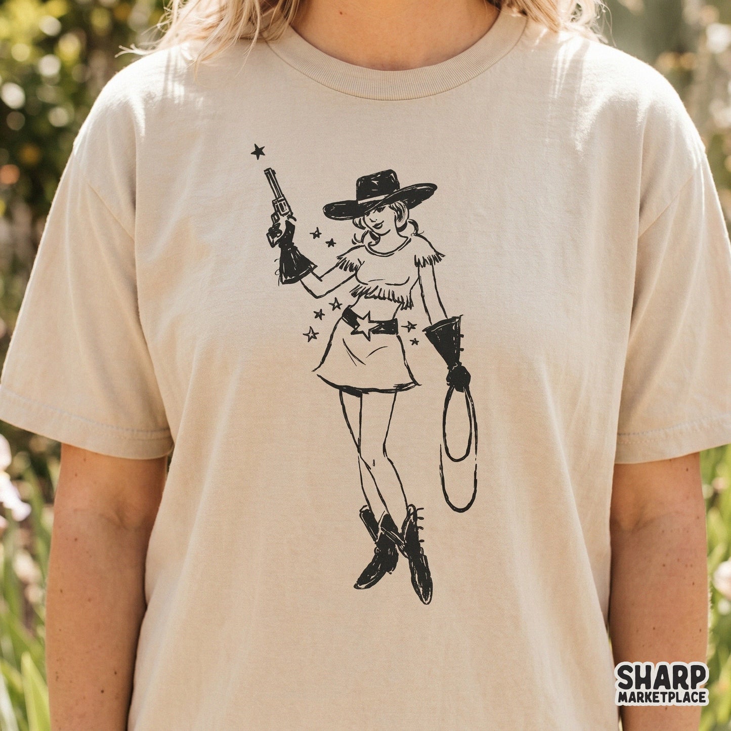 Monochromatic western clipart of a rodeo belle with a lasso and pistol, designed as a high-resolution transparent PNG for sublimation.