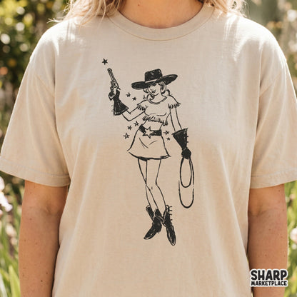 Monochromatic western clipart of a rodeo belle with a lasso and pistol, designed as a high-resolution transparent PNG for sublimation.