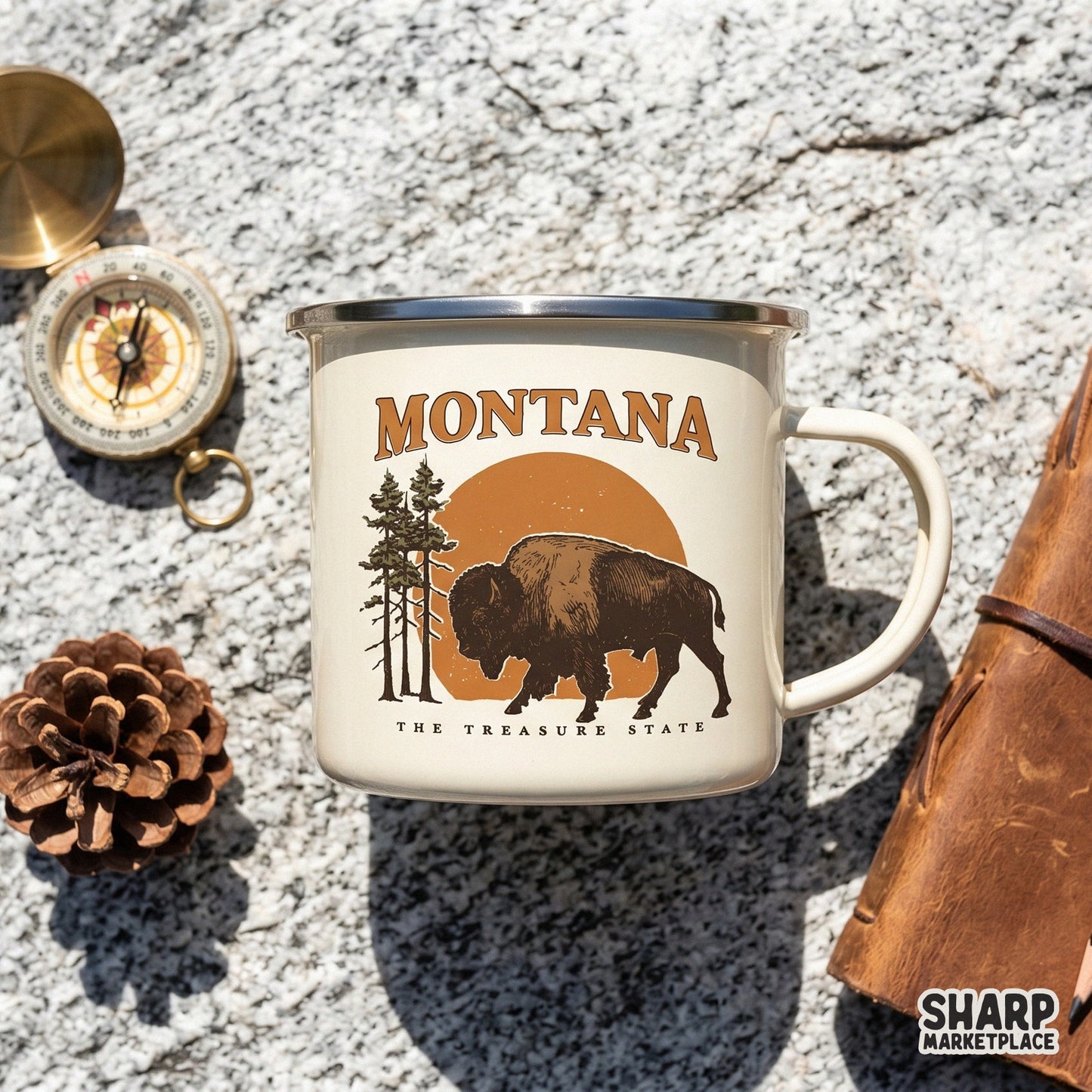 Vintage sunset Montana graphic featuring a wild buffalo and pine trees for a western camping sublimation shirt design