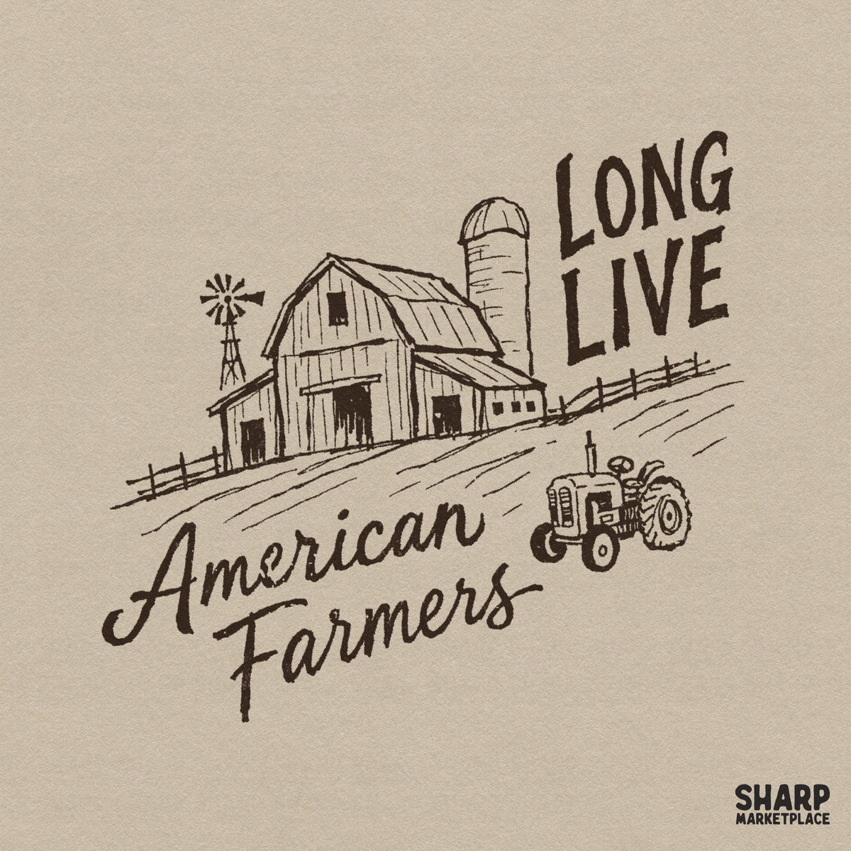 Rustic hand-drawn sketch of a barn, silo, and tractor with the text Long Live American Farmers in a sepia-toned digital PNG format.