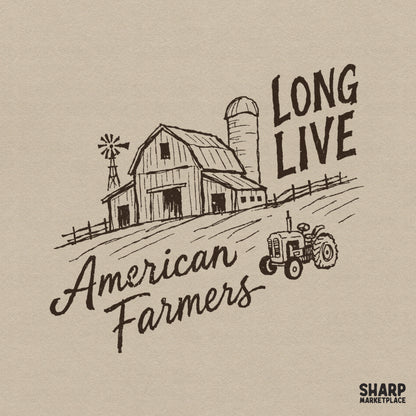 Rustic hand-drawn sketch of a barn, silo, and tractor with the text Long Live American Farmers in a sepia-toned digital PNG format.