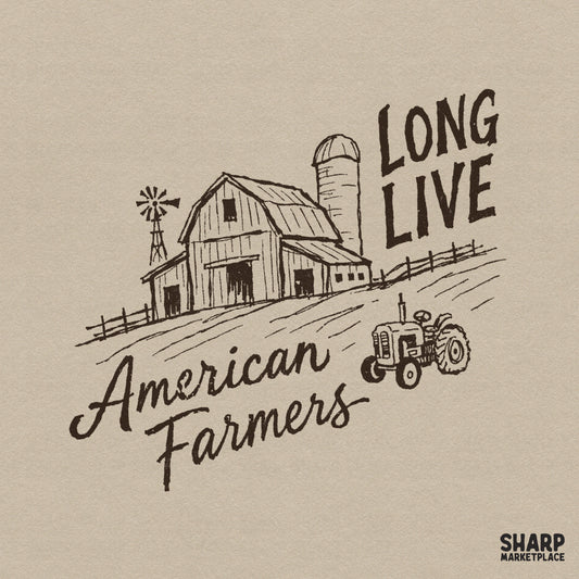 Rustic hand-drawn sketch of a barn, silo, and tractor with the text Long Live American Farmers in a sepia-toned digital PNG format.