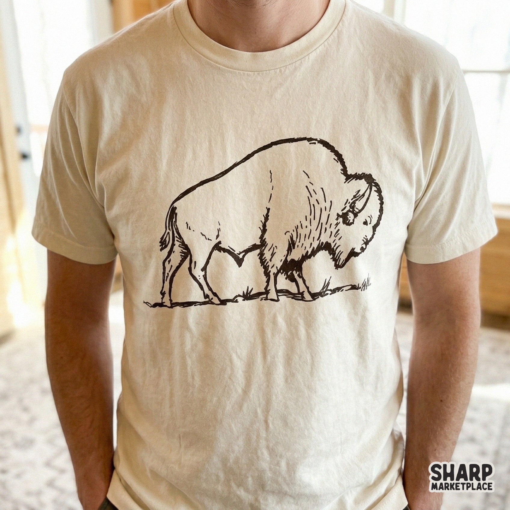 Detailed monochrome bison sketch for digital crafting, ideal for sublimation transfers on tumblers, shirts, and other western-style DIY projects.