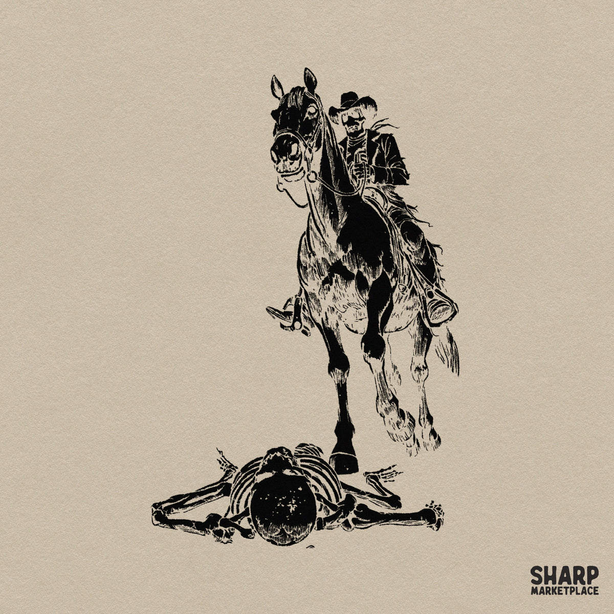 Gothic skeleton cowboy riding a horse western PNG design for spooky season Halloween shirts and DTF sublimation