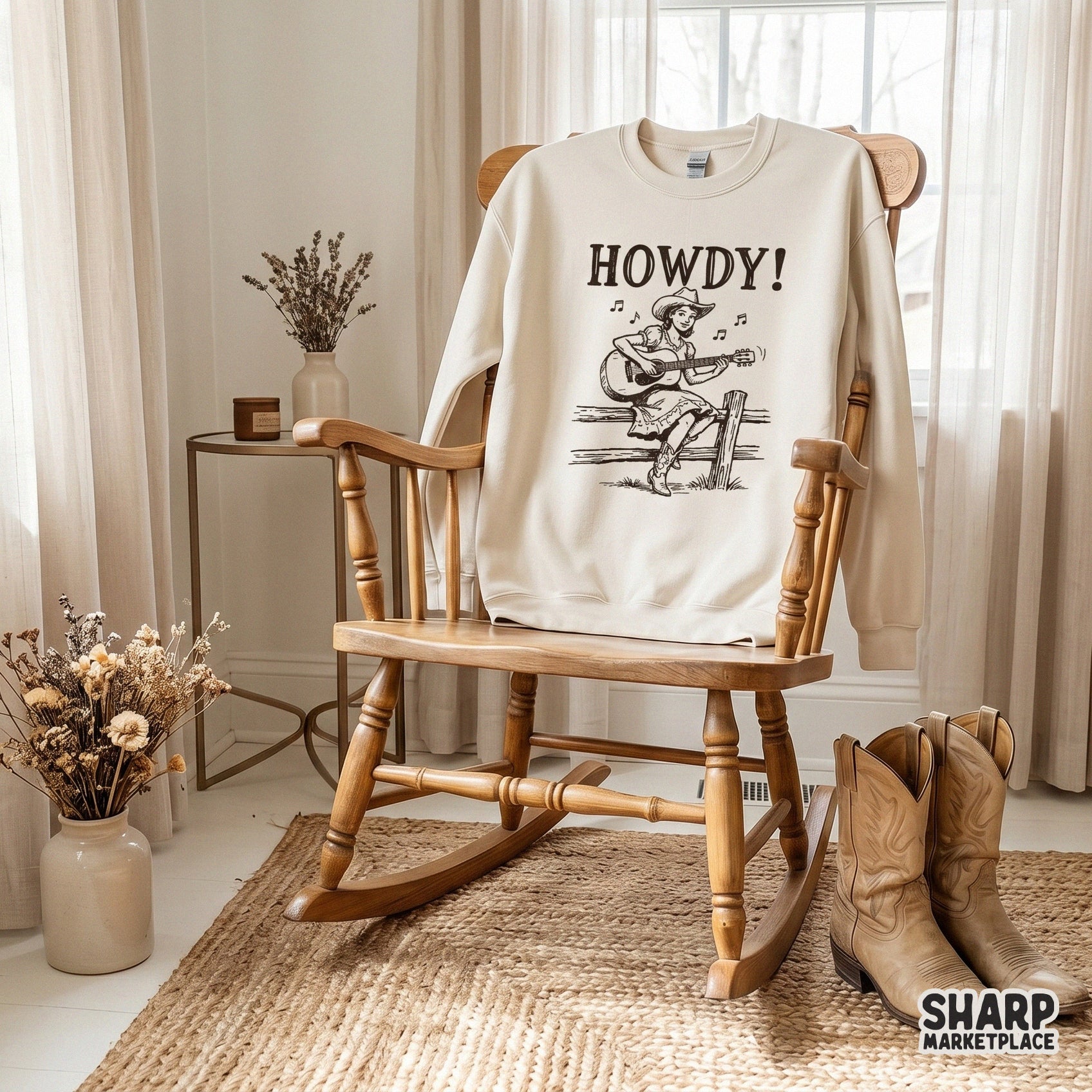 Hand-drawn western cowgirl design featuring a guitar player on a wooden fence, ideal for custom t-shirts, stickers, and country music themed projects.