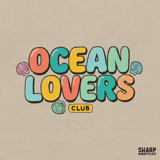 Retro bubble lettering reading Ocean Lovers Club in coral, teal, and yellow with decorative seashells for summer sublimation and coastal apparel projects.