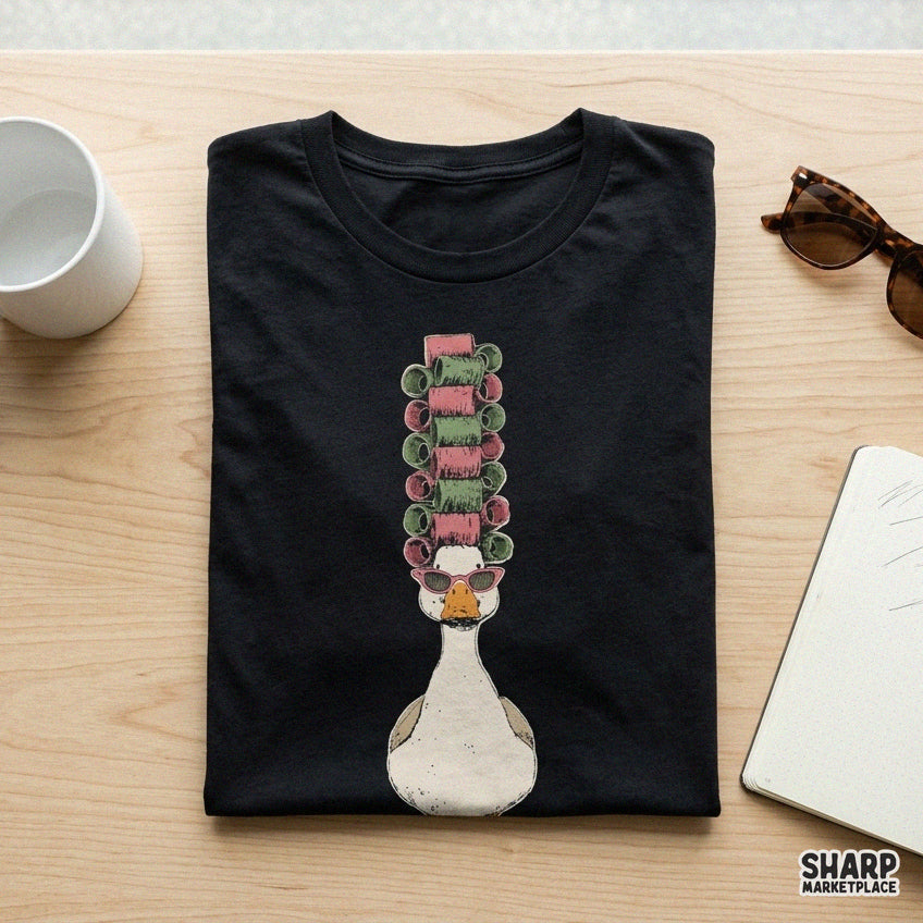 Sassy goose wearing hair curlers and pink sunglasses funny retro spa day sublimation PNG graphic for t-shirts