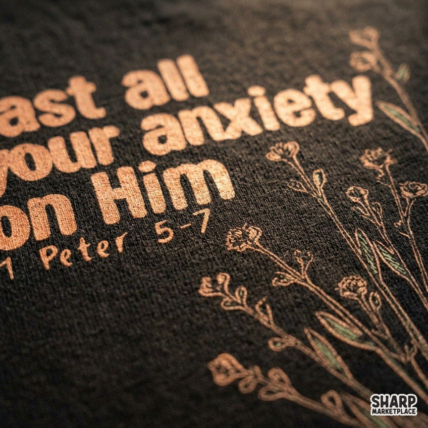Cast All Your Anxiety On Him Bible verse PNG with spring flowers for Christian t-shirts and summer botanical shirt designs