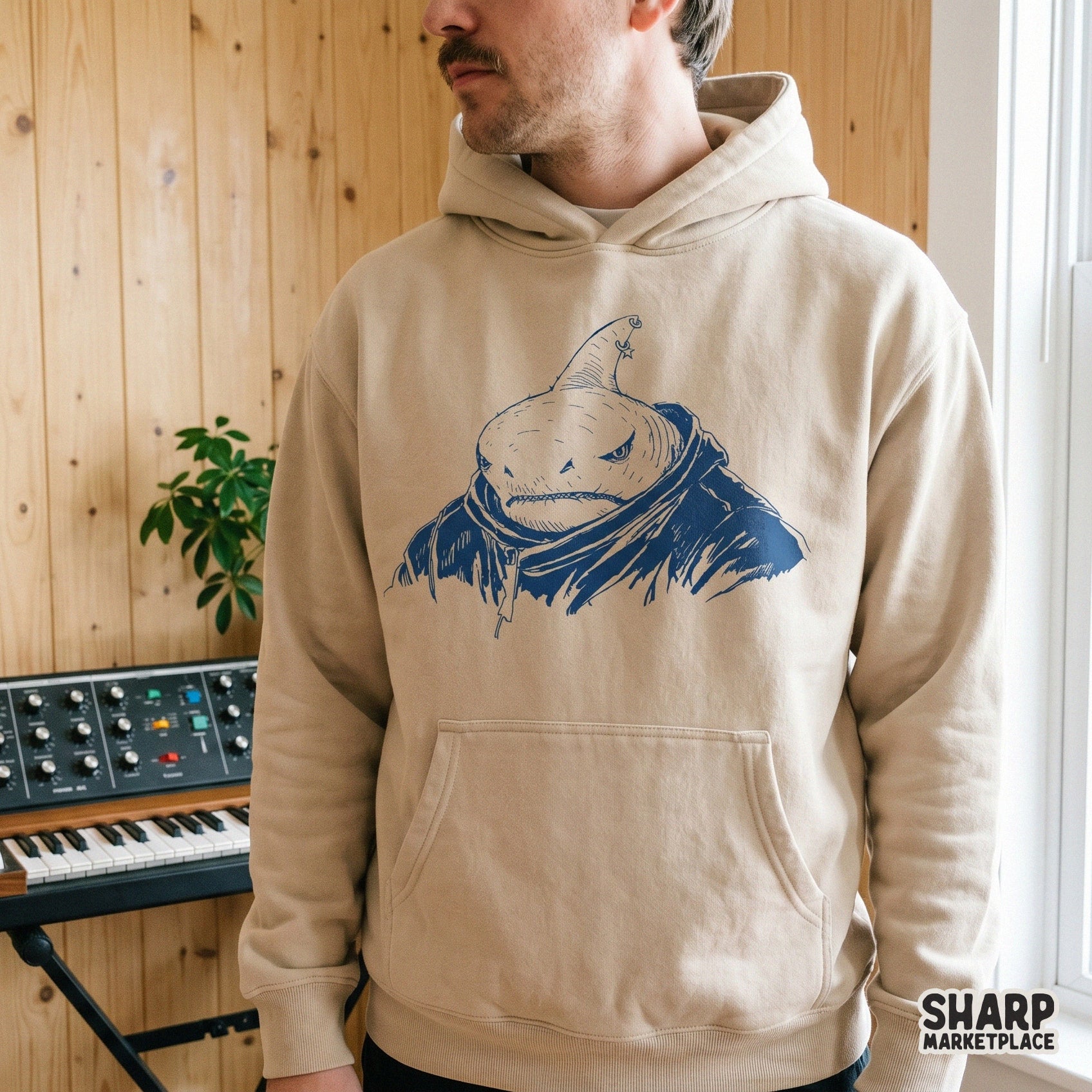 Grumpy shark wearing a hoodie sublimation design for funny summer ocean meme t-shirts