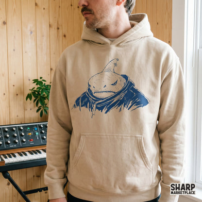 Grumpy shark wearing a hoodie sublimation design for funny summer ocean meme t-shirts