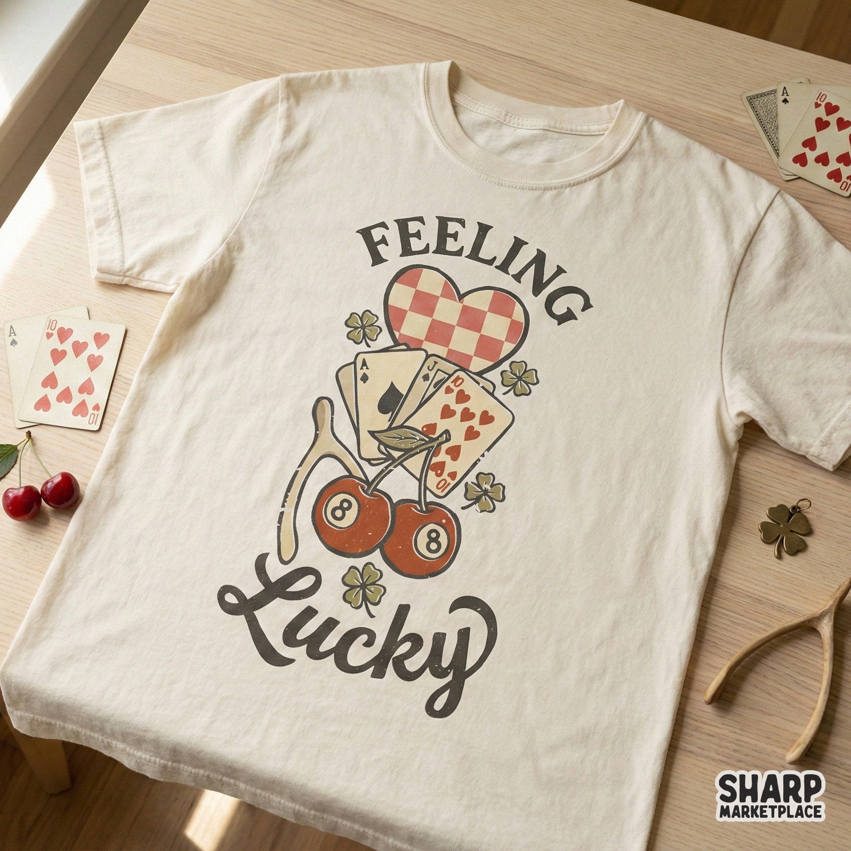 Vintage style Feeling Lucky digital graphic on a cream t-shirt mockup, showcasing a checkered heart, playing cards, and lucky charms for DIY projects.