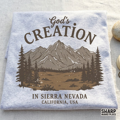 Printable mountain trail graphic with pine forest and faith-inspired lettering perfect for custom shirts, stickers, or outdoor wall art.