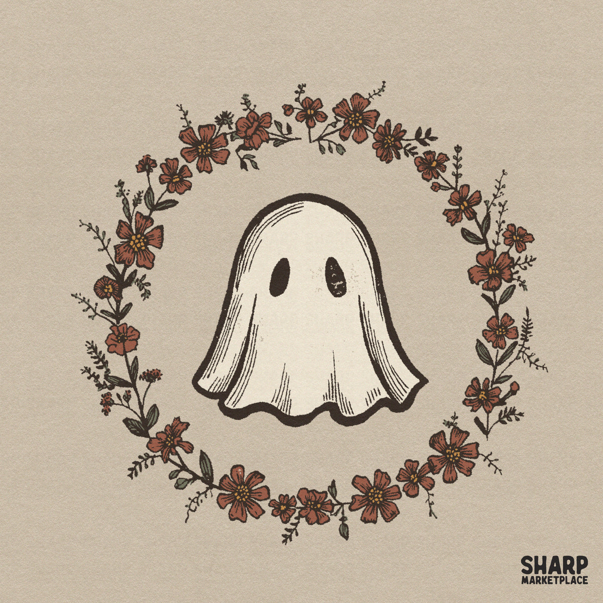 Kawaii spooky cute ghost inside a floral wreath Halloween PNG design for autumn sublimation t-shirt prints
