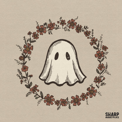 Kawaii spooky cute ghost inside a floral wreath Halloween PNG design for autumn sublimation t-shirt prints