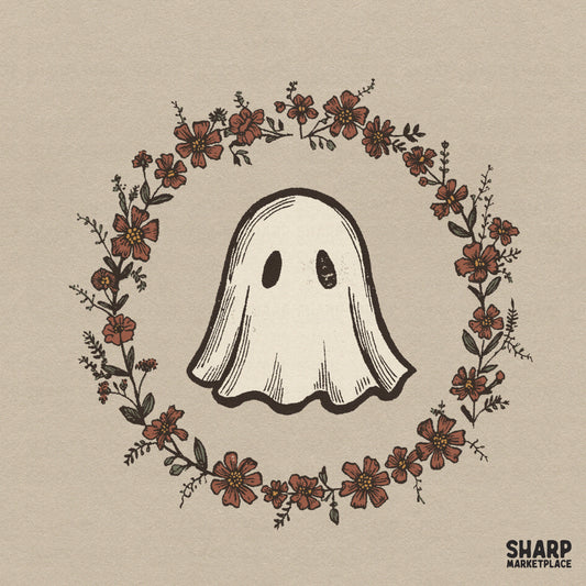 Kawaii spooky cute ghost inside a floral wreath Halloween PNG design for autumn sublimation t-shirt prints