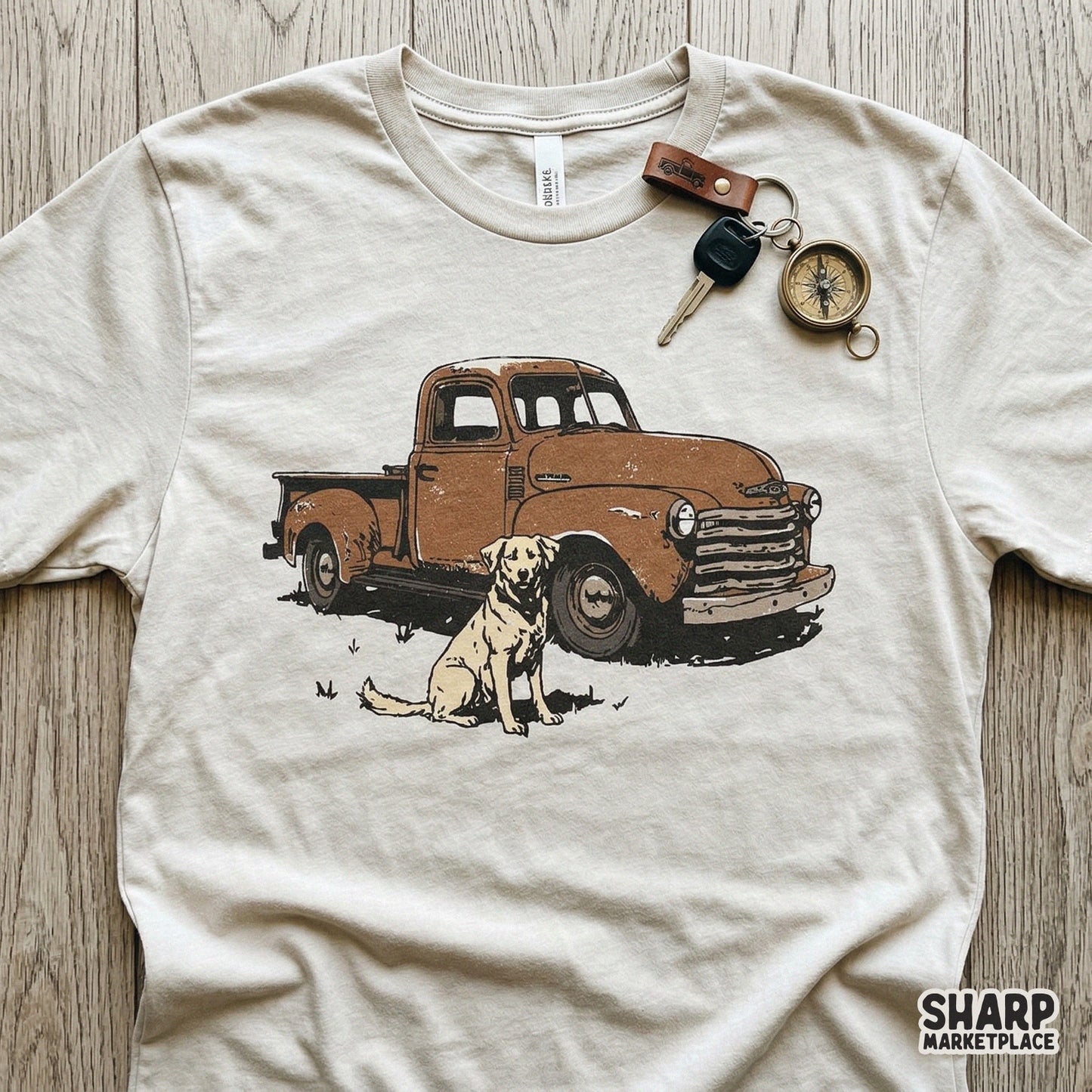 Distressed brown classic farm truck with a sitting golden retriever dog, perfect for custom t-shirt printing and country-themed digital DIY projects.