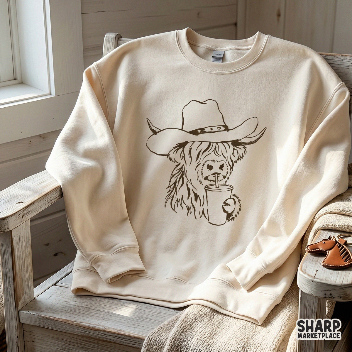 A cream-colored crewneck sweatshirt featuring a brown line art graphic of a Highland cow in a cowboy hat drinking from a cup.