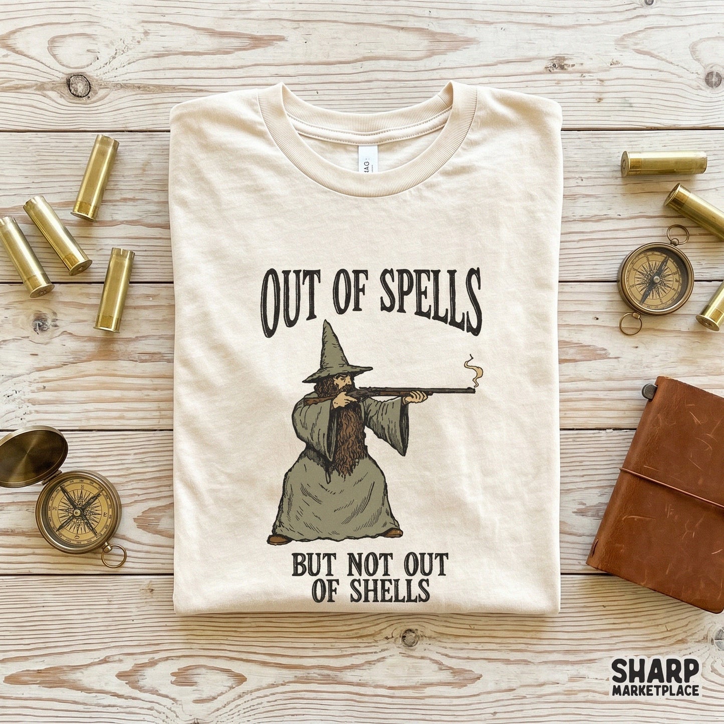 Hand-drawn style digital illustration of a wizard with a firearm and sarcastic text, suitable for creating stickers, tumblers, and rustic wall art prints.