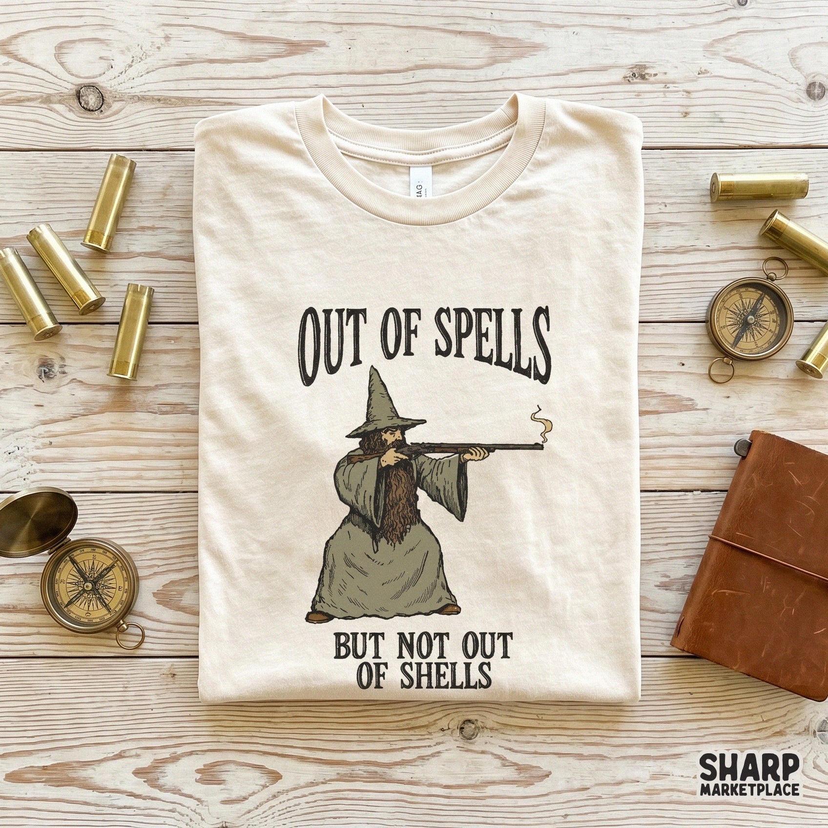 Hand-drawn style digital illustration of a wizard with a firearm and sarcastic text, suitable for creating stickers, tumblers, and rustic wall art prints.