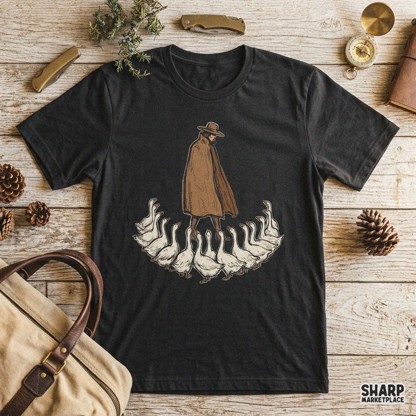 Vintage drawing of a man followed by a flock of geese in a funny retro PNG graphic perfect for t-shirt design