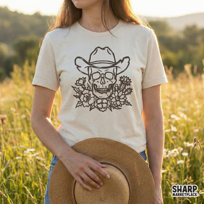 Hand-drawn western floral skull graphic featuring a weathered cowboy hat, suitable for DIY apparel projects, heat transfers, and desert-themed crafts.