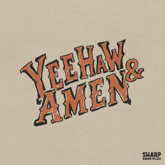 Retro western style Yeehaw and Amen text in terra cotta and black with a rustic hand-stamped texture for Christian faith apparel and sublimation