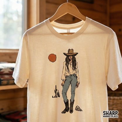 Vintage style cowgirl portrait design featuring a woman in western attire printed on a cream-colored t-shirt for a trendy boho rodeo aesthetic.
