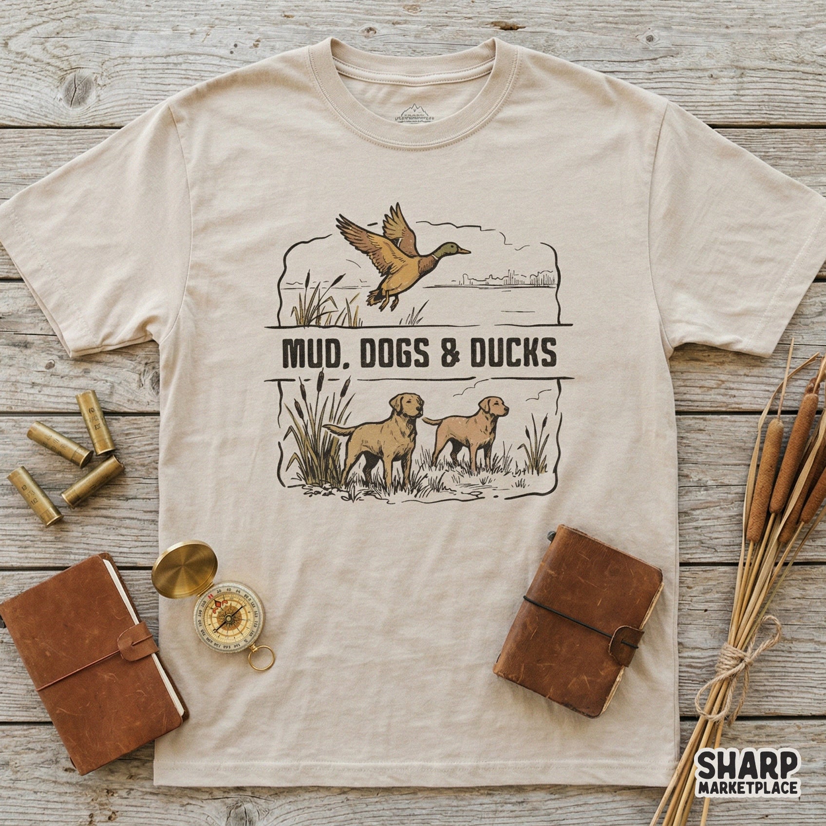 Detailed marsh scene digital download with a flying duck and two retriever dogs, perfect for sublimation, stickers, or custom apparel projects.