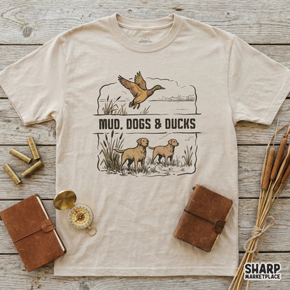 Detailed marsh scene digital download with a flying duck and two retriever dogs, perfect for sublimation, stickers, or custom apparel projects.