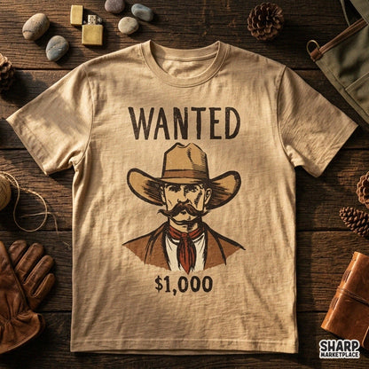 Wanted 1000 dollars wild west outlaw cowboy portrait art PNG graphic for western shirts and rodeo apparel