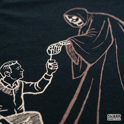 Grim Reaper handing coffee to a tired man line art illustration for funny sarcastic t-shirts and morning mood prints