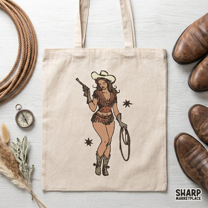 Retro Fringe Cowgirl Holding Rope And Revolver Western Artwork, Trendy